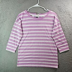 T by Talbots Tee Top Women Small Bow Back Strech 3/4 Sleeve Purple White Striped
